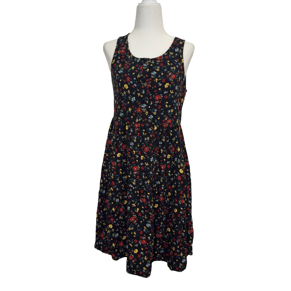 Black Floral Sleeveless Button Front Mini Dress Ditsy Print Rayon Lined Small